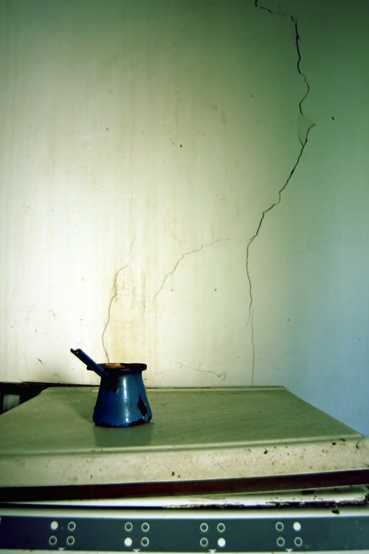 A blue coffee pot inside an old family home in Romania